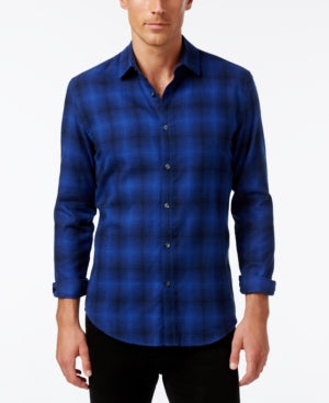 Alfani Slim-fit Plaid-print Button Down Shirt Blue