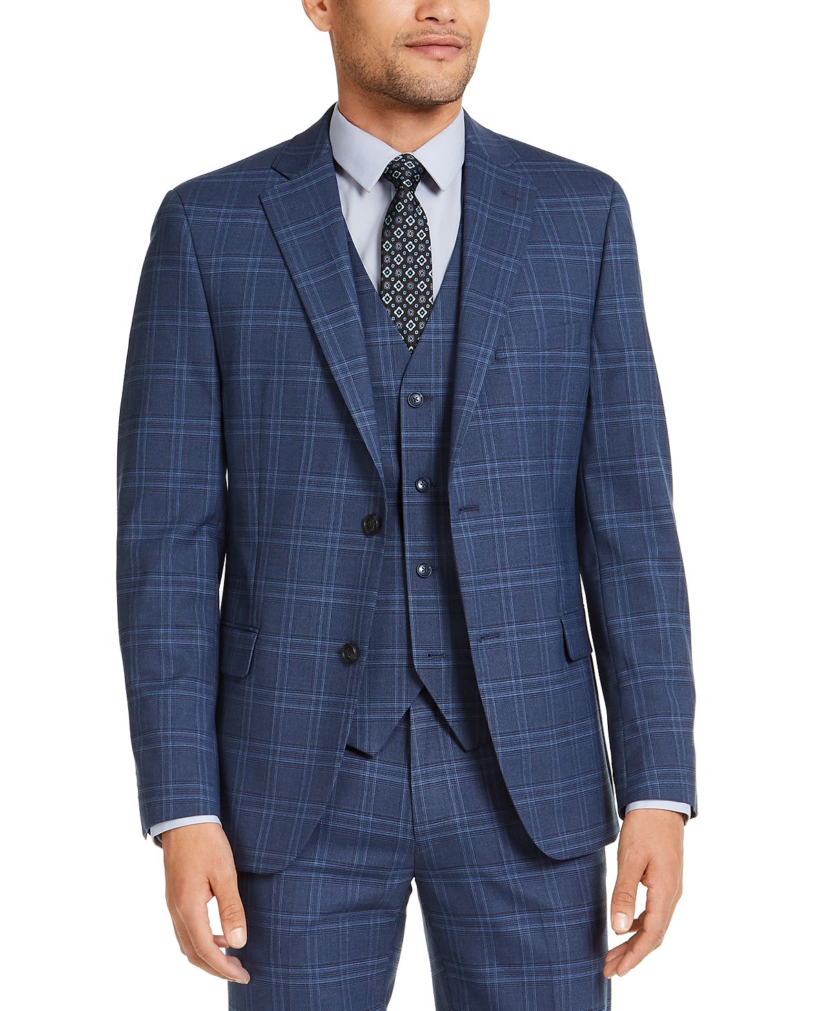 Alfani Slim-fit Stretch Navy Blue Plaid Suit Jacket Navy