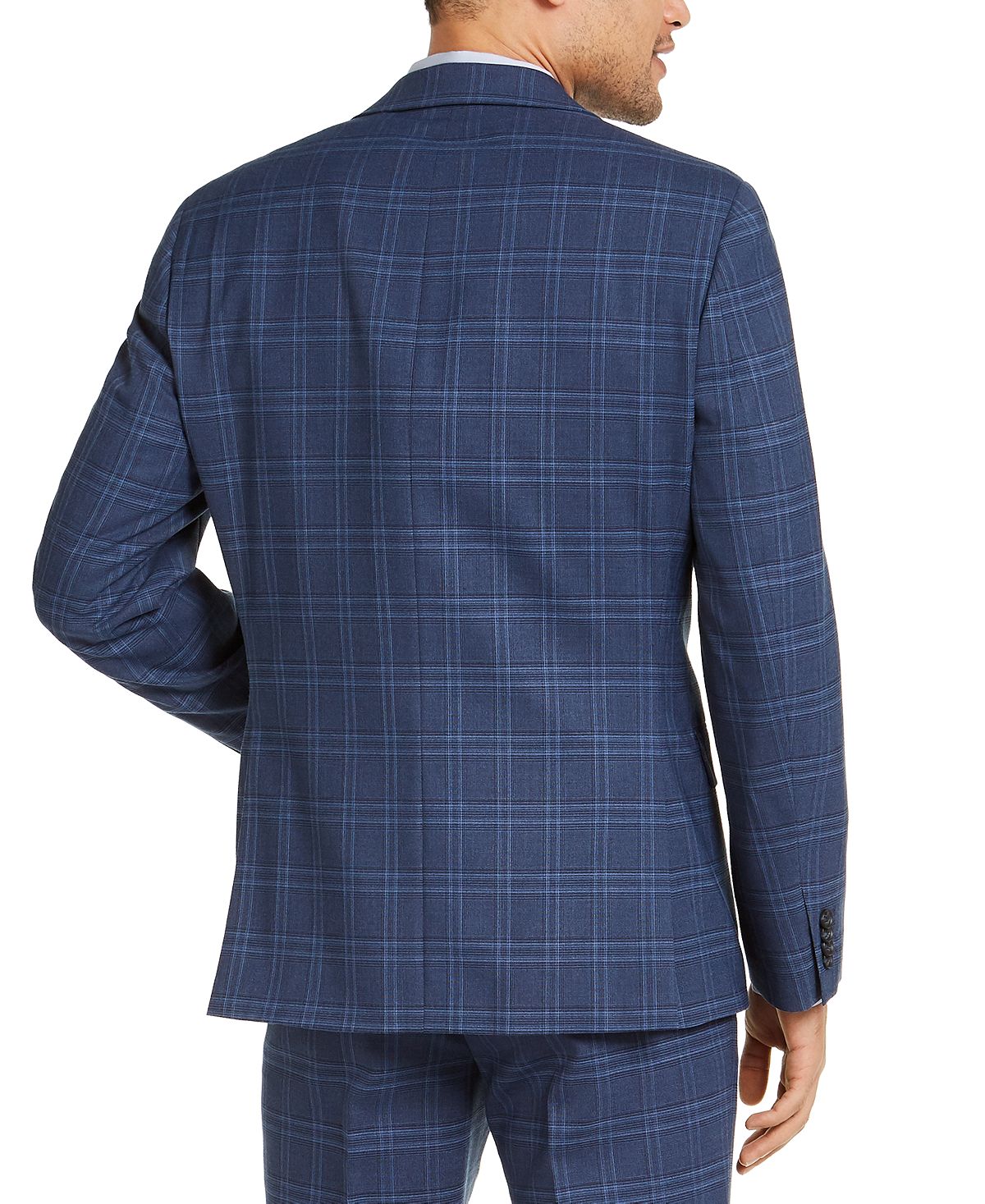 Alfani Slim-fit Stretch Navy Blue Plaid Suit Jacket Navy