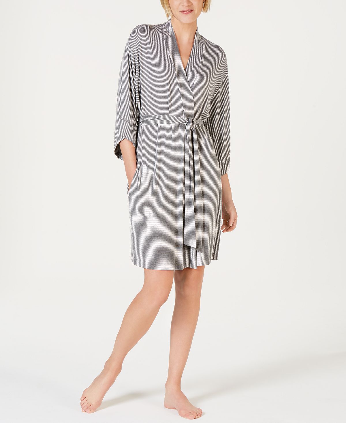 Alfani Striped Knit Kimono Robe Bare Stripe Grey