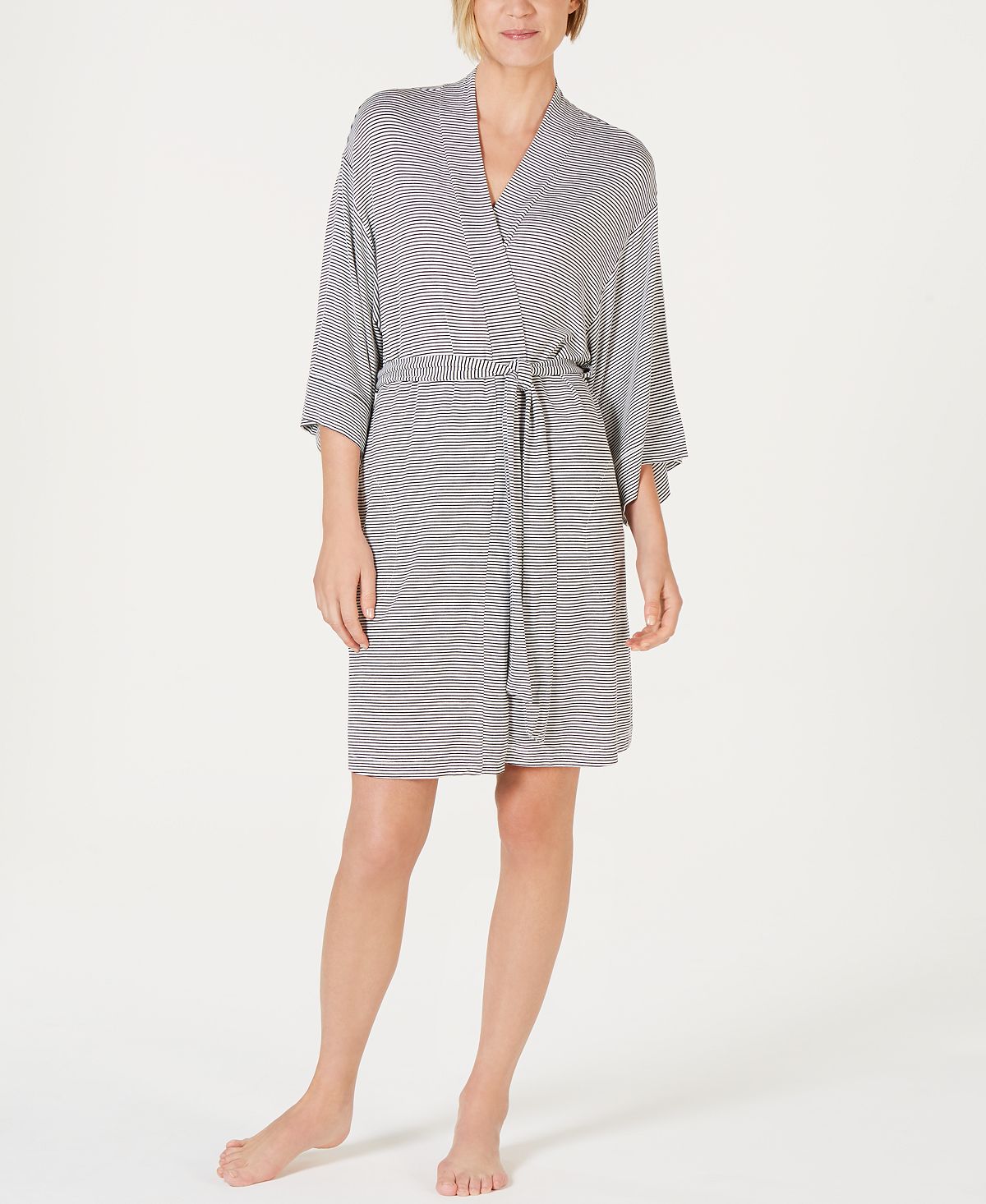 Alfani Striped Knit Kimono Robe Bare Stripe White