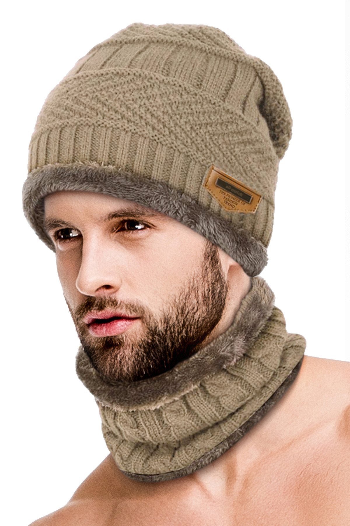 All-Match Tan Ultra-Soft 2Pc Fleece-Lined Beanie/Neck Warmer