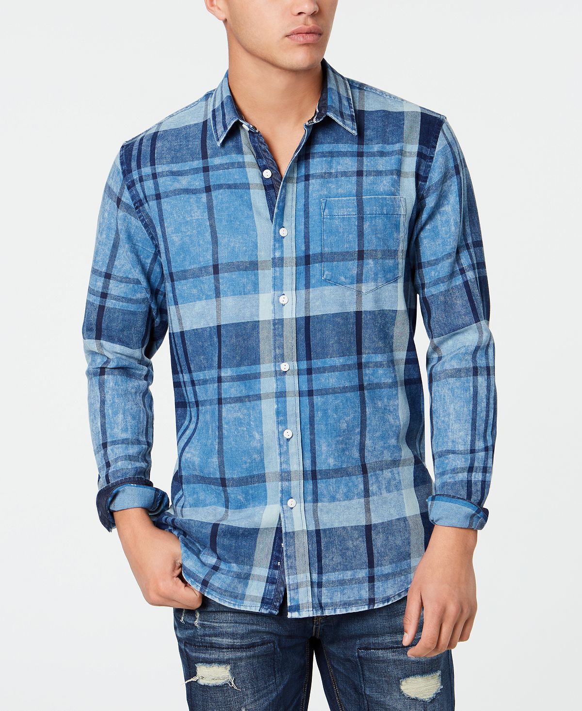 American Rag Moby Plaid Shirt Blue Skies Wash