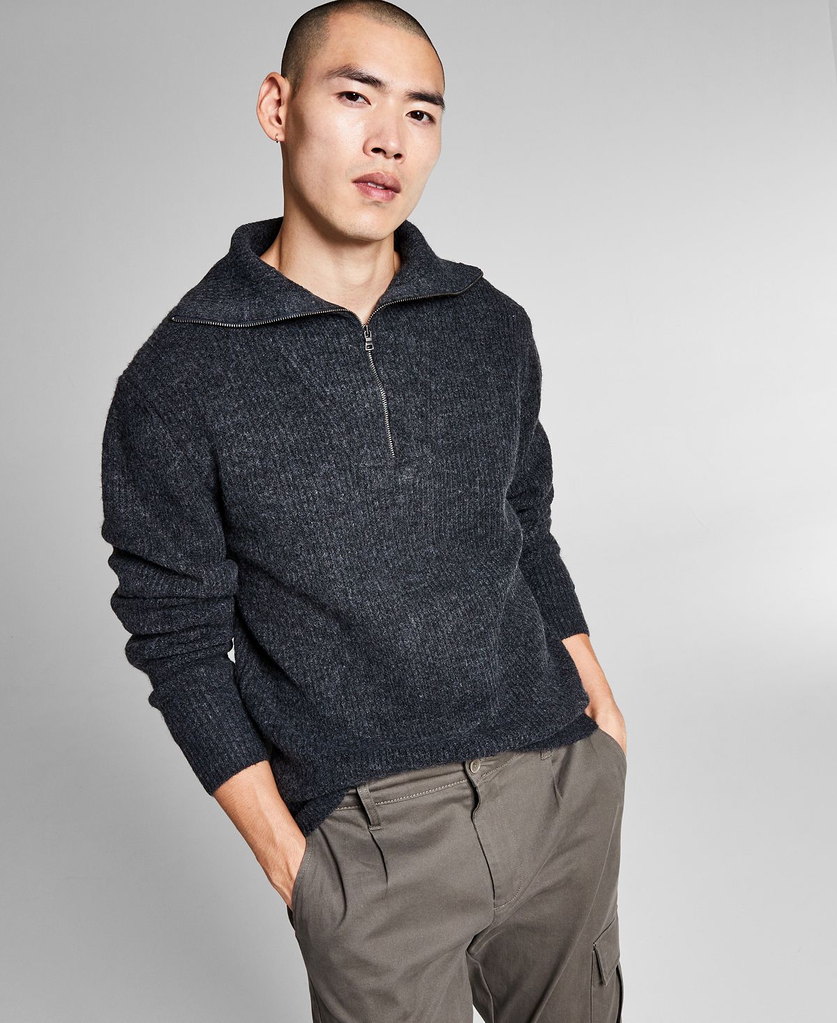 And Now This Chunky Ribbed-knit 1/4-zip Mock Neck Sweater Charcoal