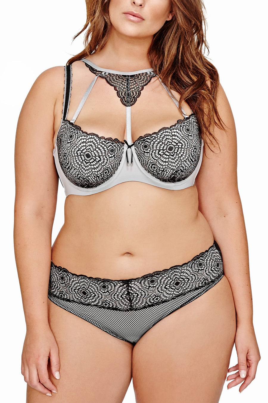 Ashley Graham Plus Black Silver Rain Diva Lace Underwire Demi Bra