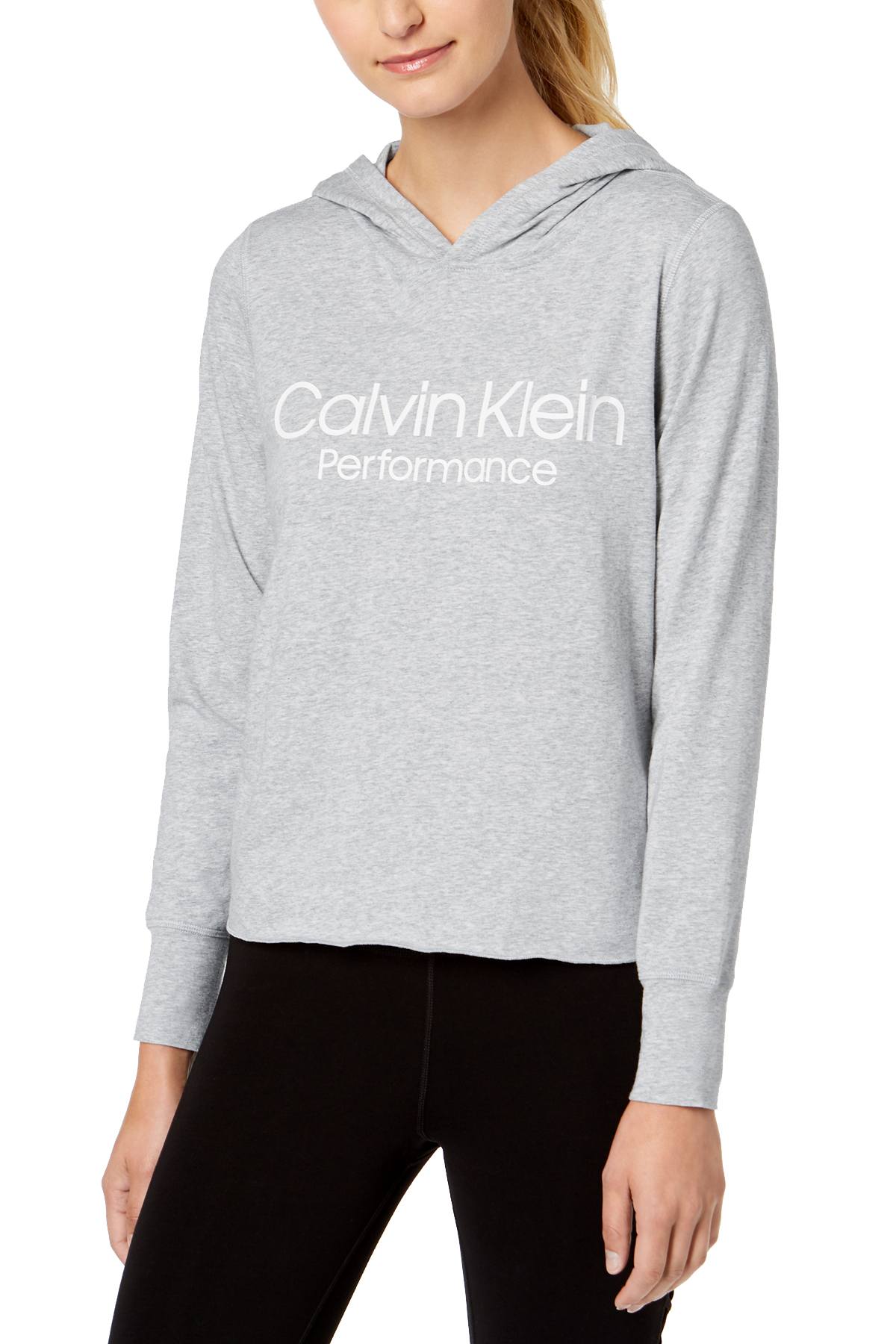 Calvin Klein Performance Pearl Heather-Grey Logo Cropped Hoodie ...