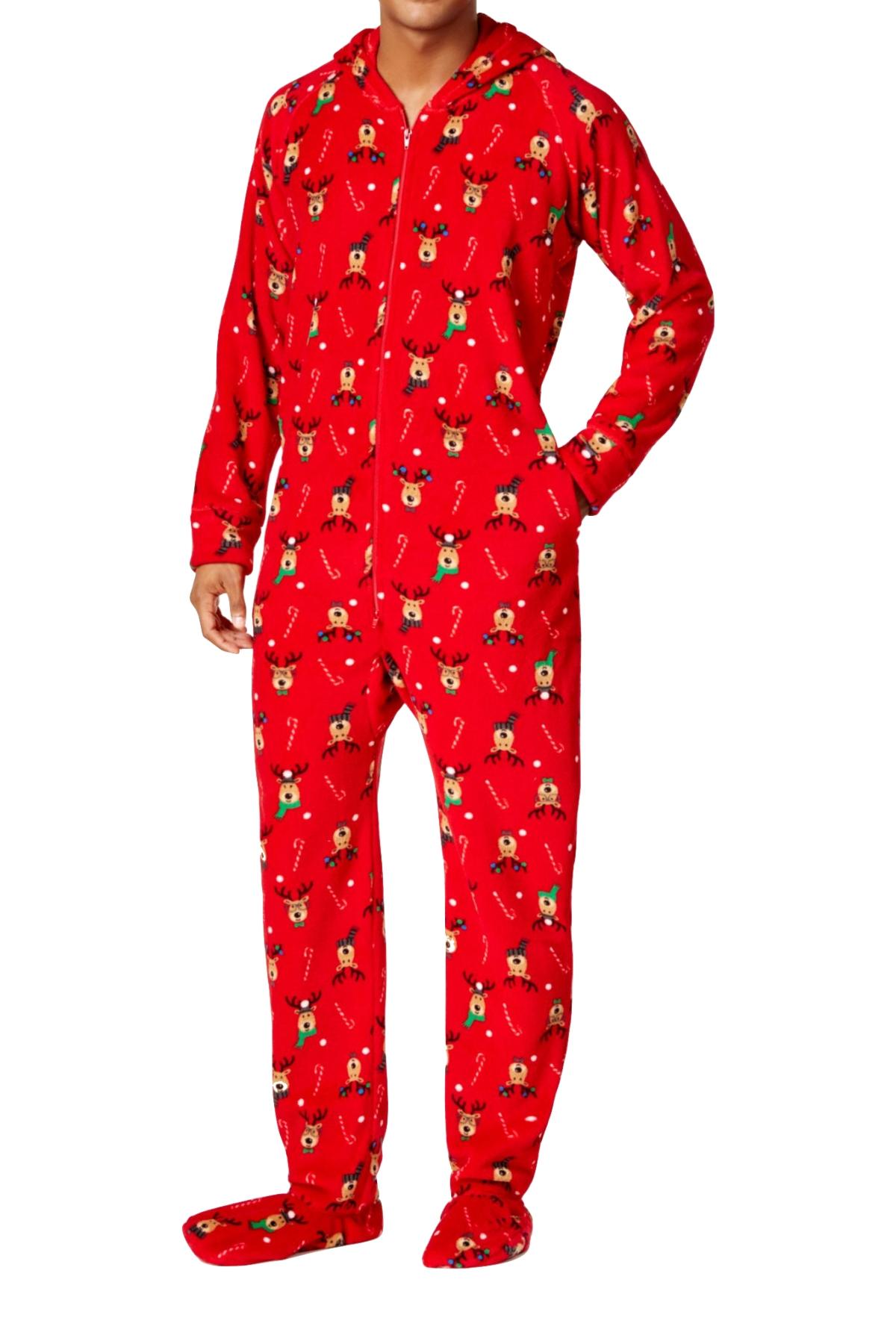 Family PJs Men Hooded Footed Pajama Onesie in Reindeer Red | CheapUndies