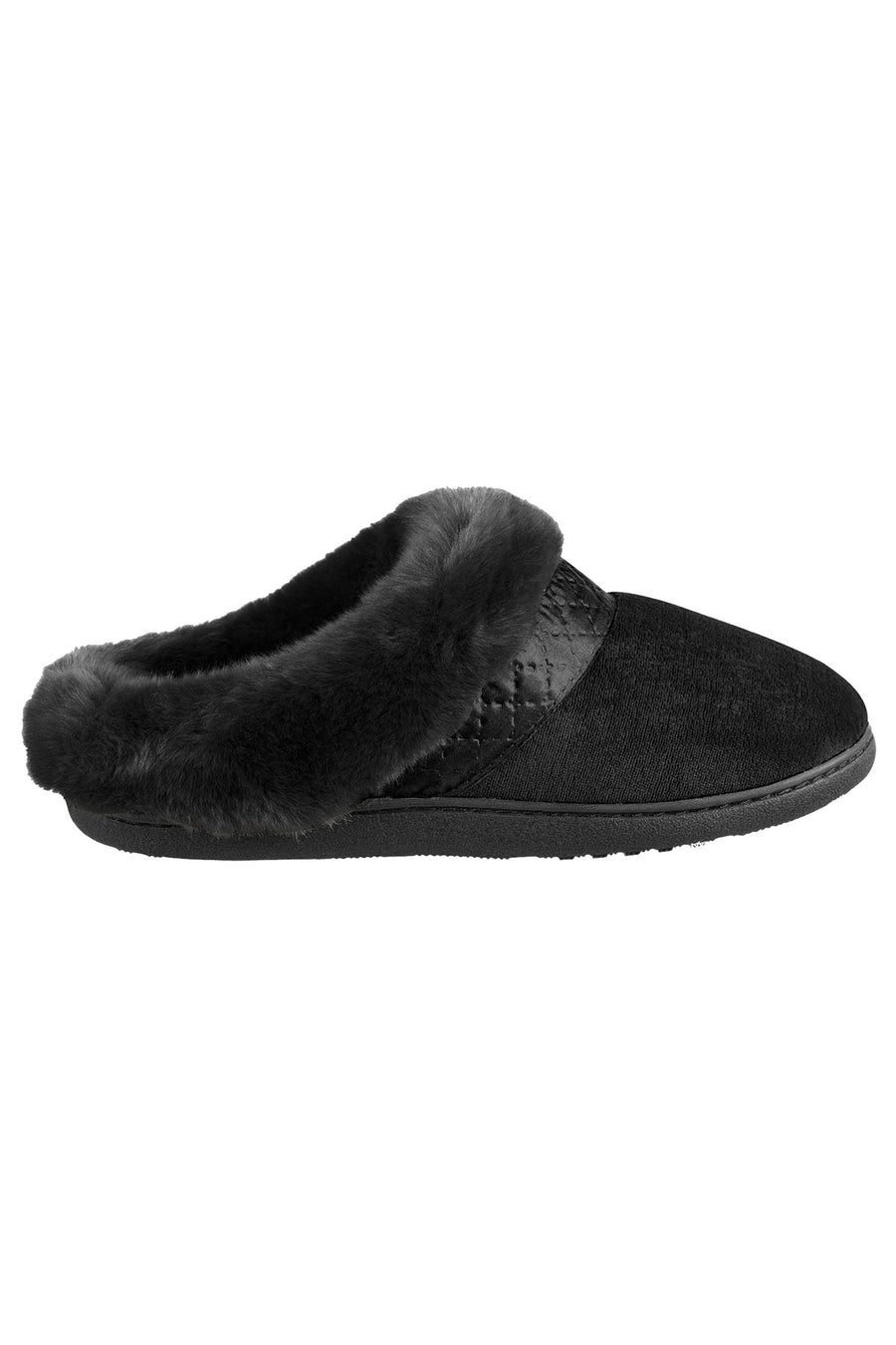Isotoner Signature Black Velour/Faux-Fur Enhanced Heel Cushion Slipper ...