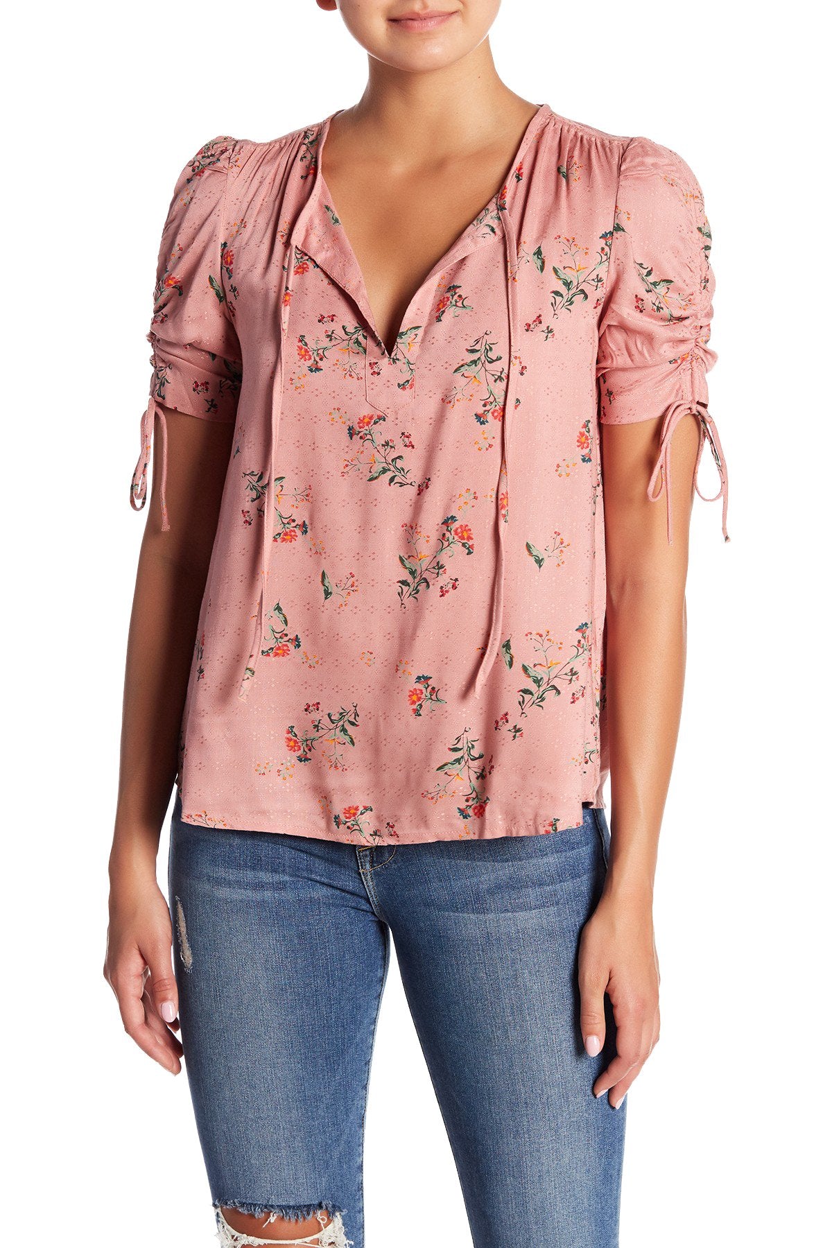 Lucky Brand Pink Puff-Sleeve Printed Top | CheapUndies