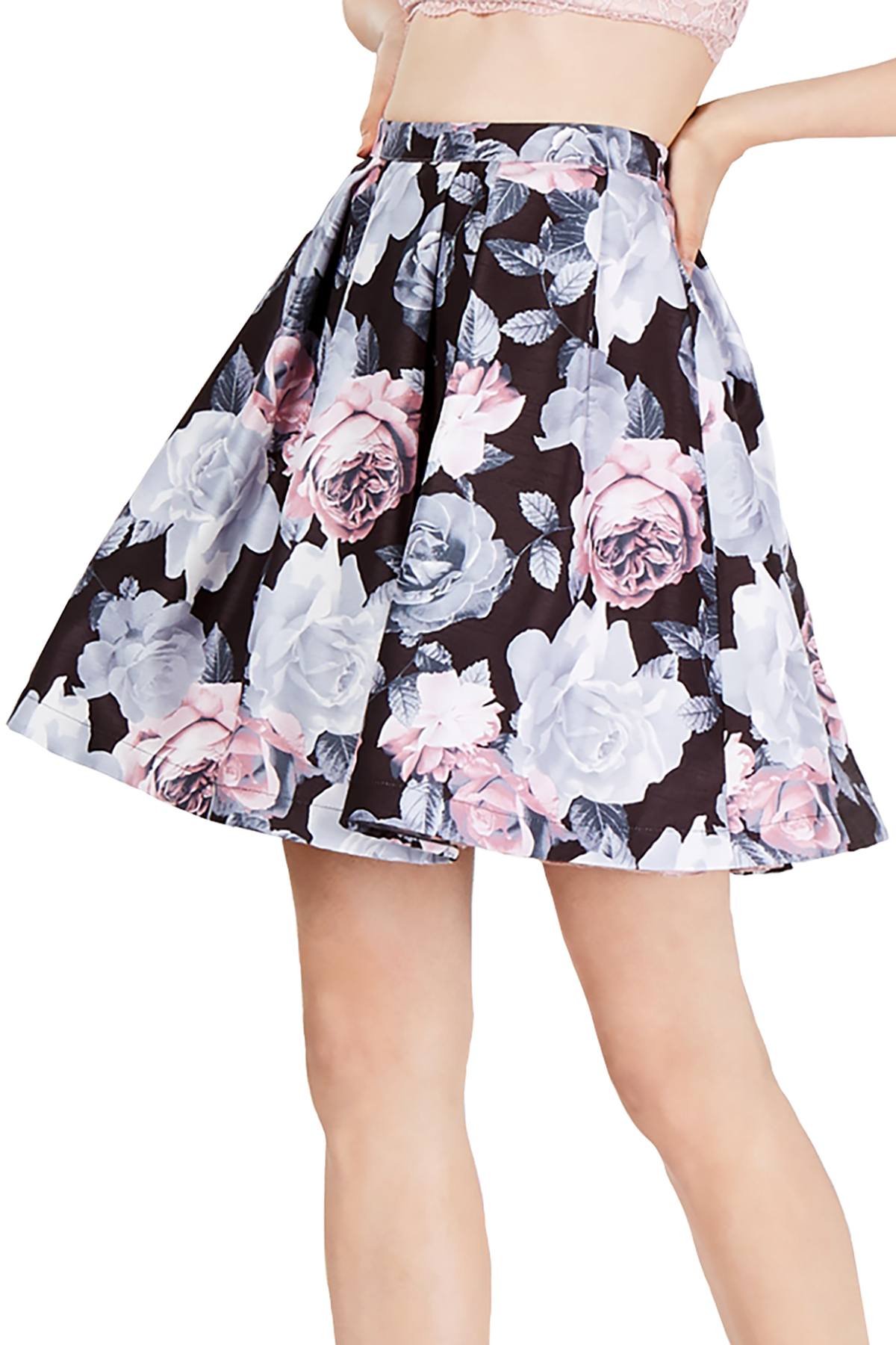 Sequin Hearts Black Floral Juniors Flare Skirt | CheapUndies