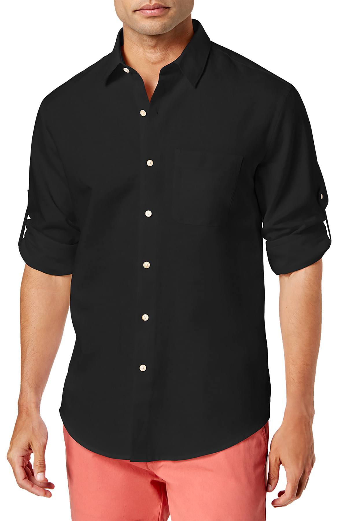 Tasso Elba Island Black Linen-Blend Adjustable Sleeves Button-Down Shi ...