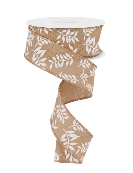 1.5"x10yd Laurel Leaf On Royal Burlap, Beige/White AP29