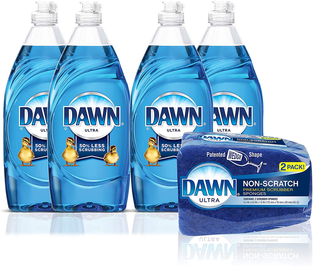 Dawn Ultra Dishwashing Liquid Dish Soap (4x19oz) + Non-Scratch Sponge (2ct), Original Scent (Packaging May Vary), Combo pack