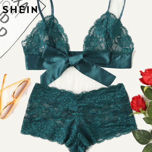 Green Tie Front Lace Bralette And Panty
