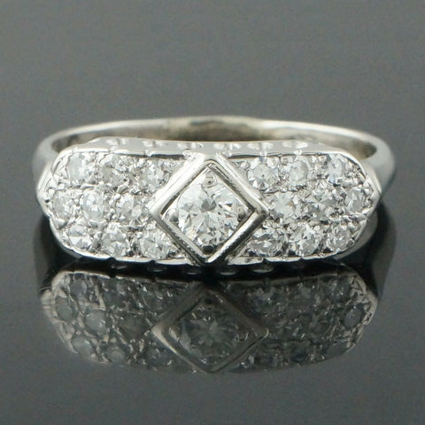 14K Solid White Gold Diamond Art Deco Engagement Ring