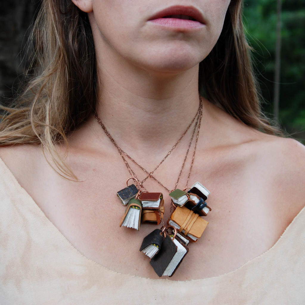Handmade Library Necklace with Leather-Bound Mini Journal Pendants