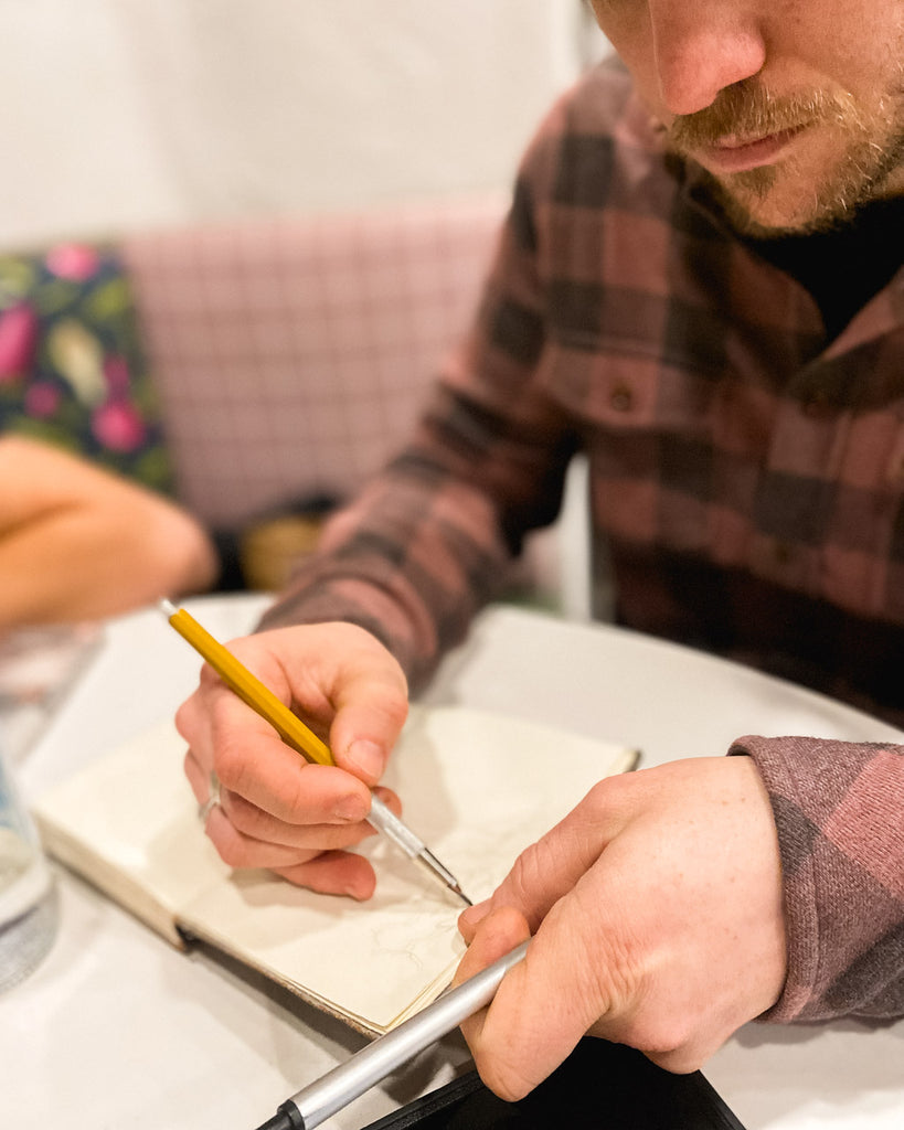 drawing in handmade leather journal