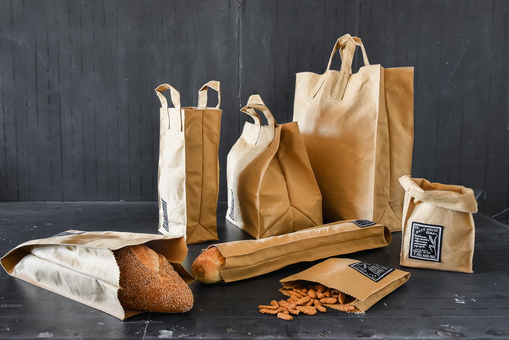 Reusable foldable cotton grocery bags by Peg and Awl