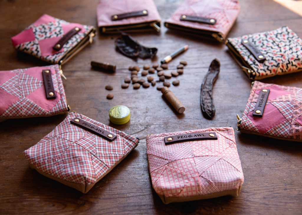 Small pouch bags with zipper handmade with waxed canvas and reclaimed vintage fabric