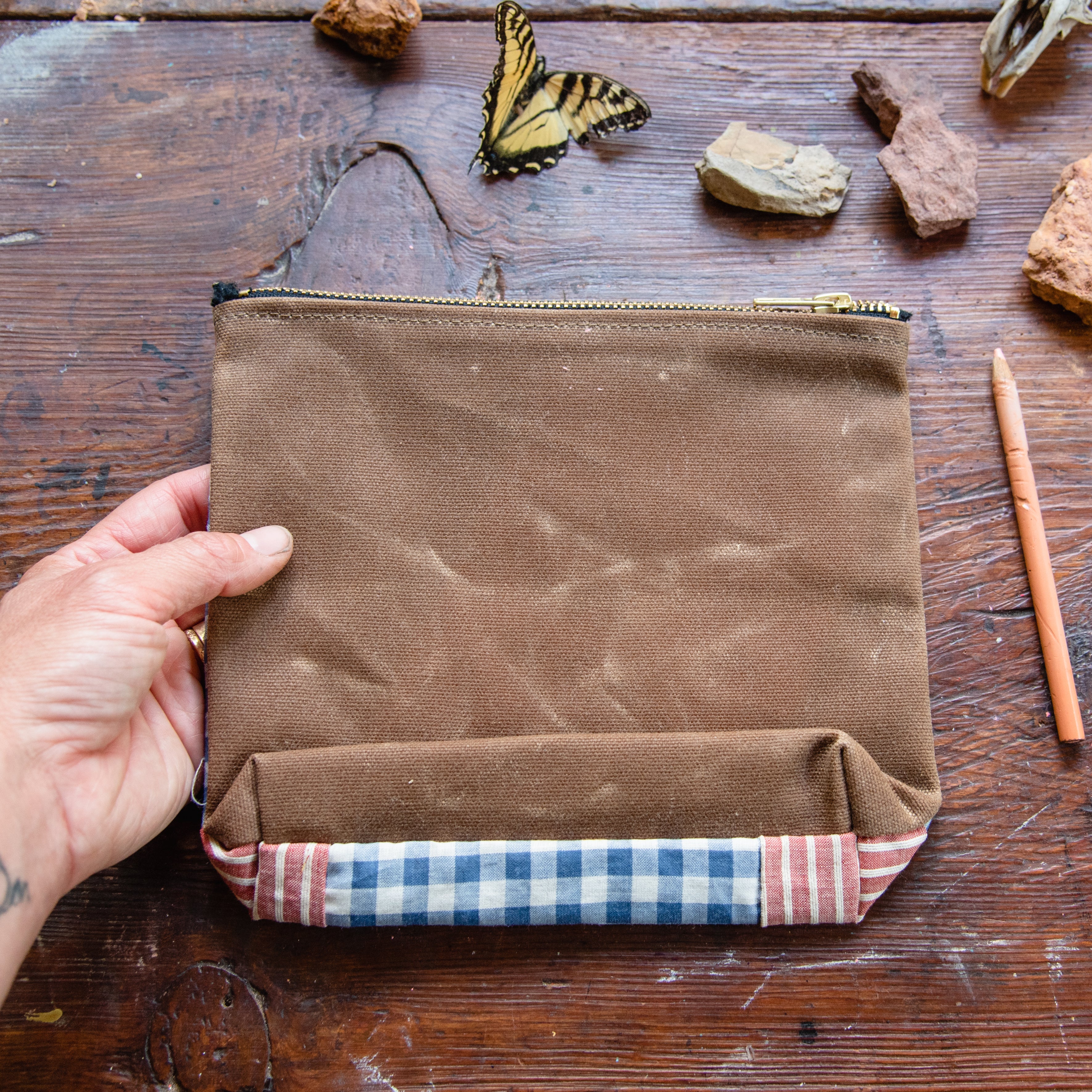 Custom Pouch with Early 1900s Hand-Stitched Quilt Block: Rue