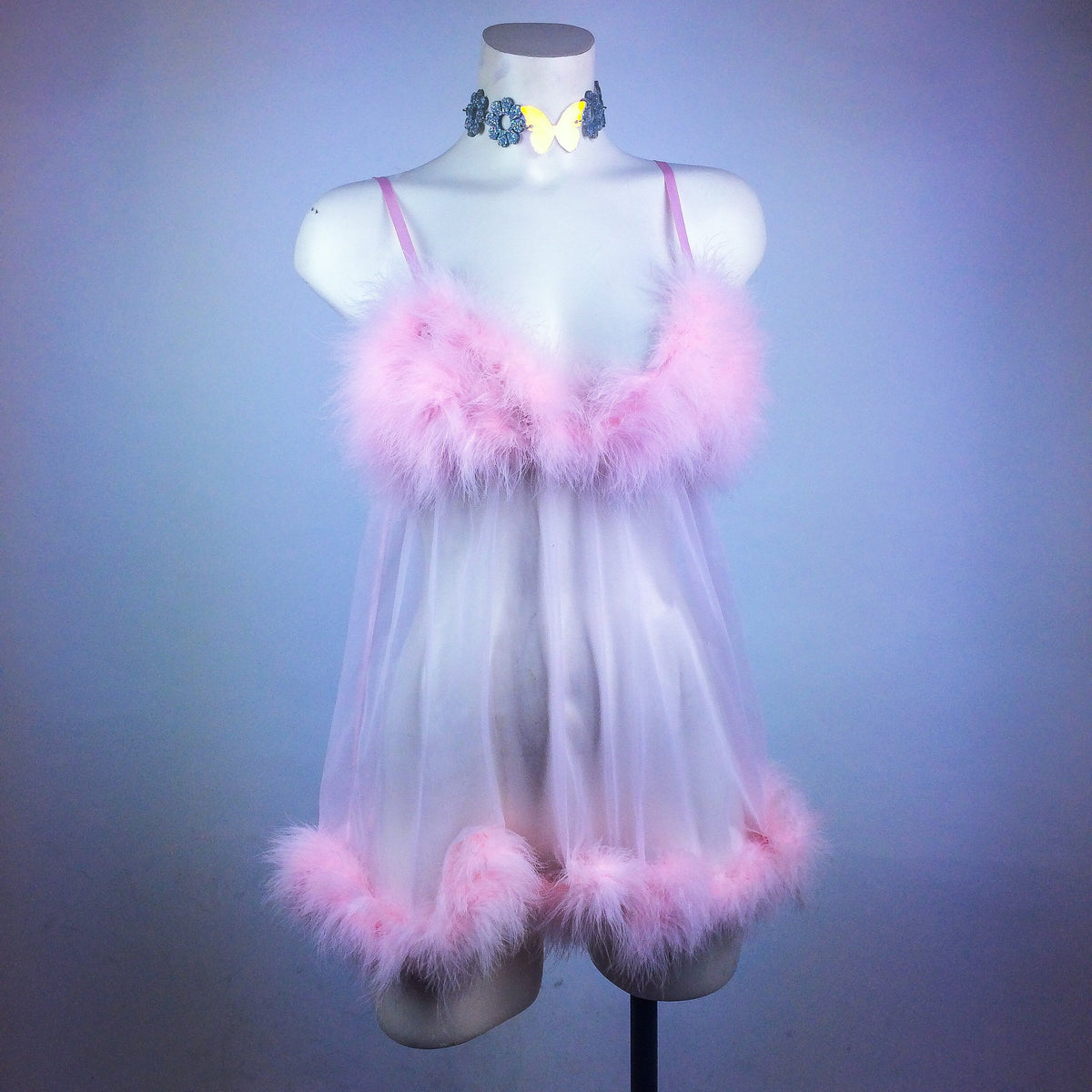 90's Clueless Feather Trim Pastel Pink Babydoll Lingerie Mini Dress ...