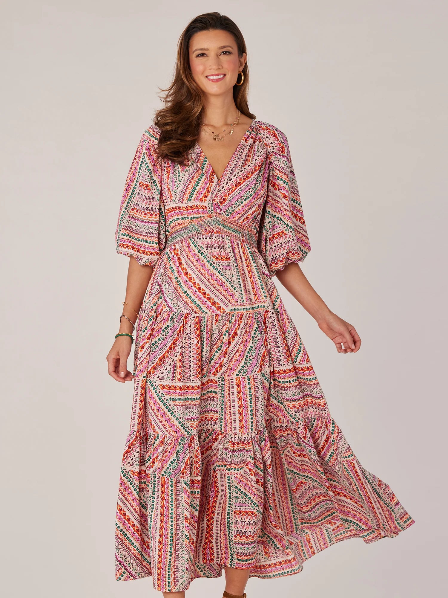 Three Quarter Bubble Sleeve V-Neck Printed Three Tiered Woven Dress