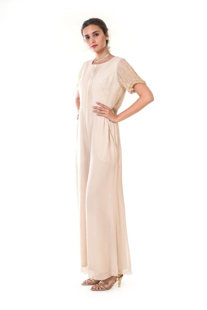 cream jumpsuit with sleeves