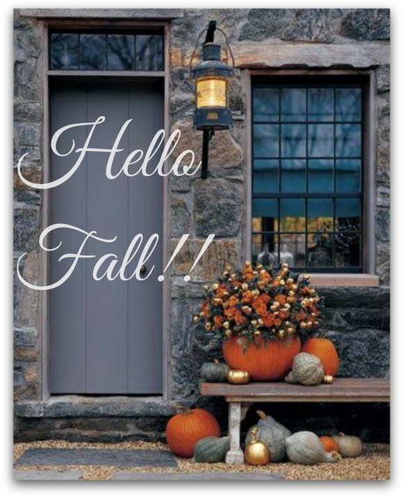 Door and window of the house, view from outside, pumpkin-themed decor next to it