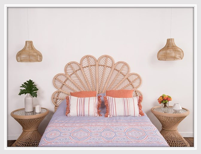 Natural rattan headboard with rattan nightstands