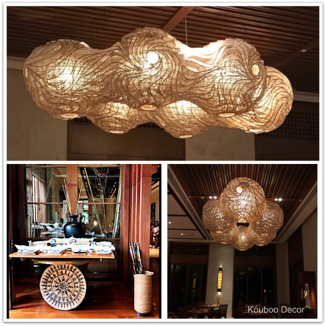 Collage of 3 images that depict pendant lamps in a cluster.