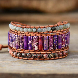 Natural Jasper Semi-Precious Stone Leather Wrap Bracelet