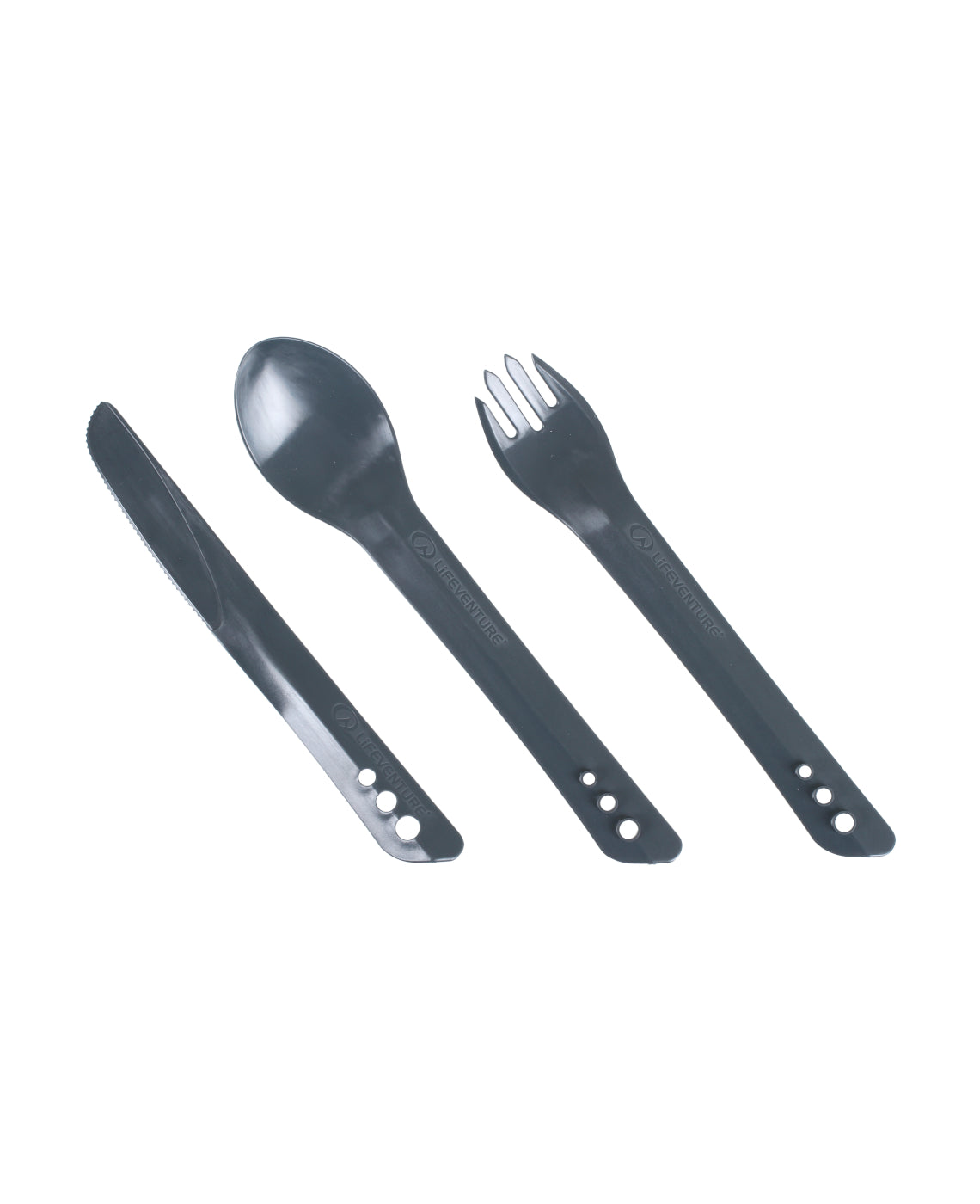 Se LifeVenture Ellipse Cutlery Set - Letvægts bestiksæt plastik med 3 dele - Gråsort hos RejseGear.dk