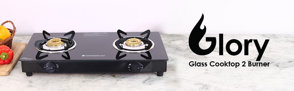 Glory 2 Burner Glass Cooktop, Stainless Steel Drip Tray, Black Toughened Glass with 2 Year Warranty,  Manual Ignition Gas Stove