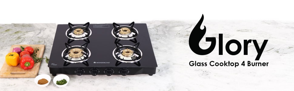 Glory 4 Burner Glass Cooktop, Black 8mm Toughened Glass with 2 Years Warranty, Ergonomic Knobs, Stainless Steel Drip Tray, Manual Ignition Gas Stove