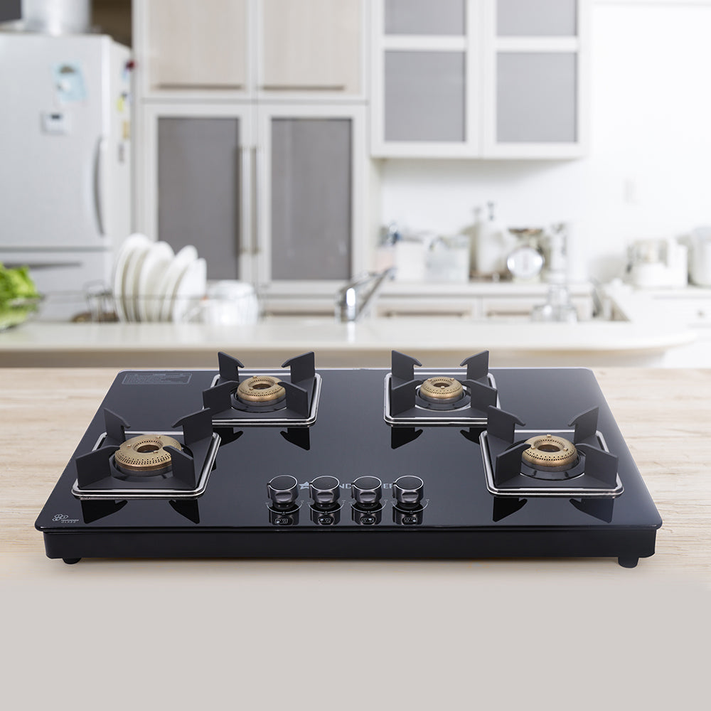 Octavia 4 Burner Glass Hob Top Manual Cooktop | 8mm Toughened Glass | Manual Ignition | Forged Brass Burners | Stainless Steel Drip Tray | Anti-Skid Legs | Large & Heavy Pan support | LPG compatible | Black steel frame | 2 Year Warranty | Black