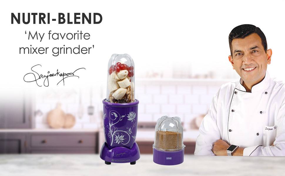 Nutri-blend, 400W, 22000 RPM 100% Full Copper Motor, Mixer-Grinder, Blender, SS Blades, 2 unbreakable Jars, 2 Years warranty, Purple, Recipe Book By Chef Sanjeev Kapoor