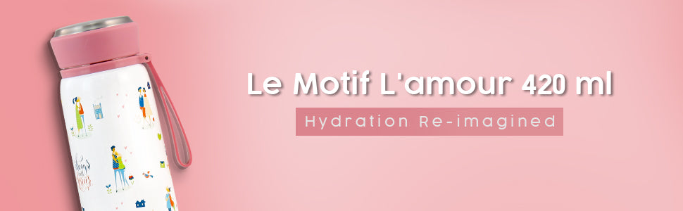 Le Motif L'amour, 420ml, Stainless Steel Double wall Water Bottle, 3D Embossed Design, Spill & Leak Proof, 2 Years Warranty