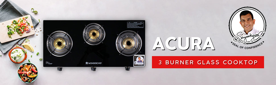 Acura 3 Burner Manual Glass Cooktop | 6mm Toughened Glass Cooktop | Stainless Steel Drip tray | Anti-Skid Legs | Large Pan support | Manual Ignition | Black steel frame | 2 Year Warranty | Black