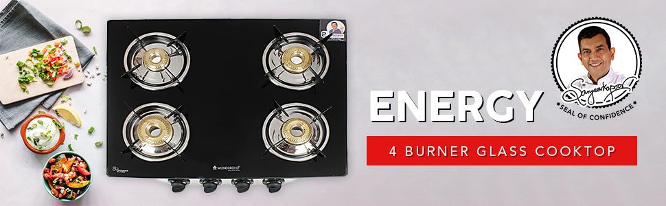 Energy 4 Burner Glass Cooktop, Black 8mm Toughened Glass  with 1 Year Warranty, Soft Touch Knobs, Efficient Brass Burners, Stainless Steel Double Drip Tray