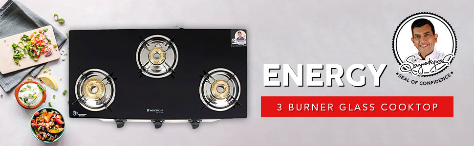 Energy 3 Burner Glass Cooktop, Black 8mm Toughened Glass  with 1 Year Warranty, Soft Touch Knobs, Efficient Brass Burners, Stainless Steel Double Drip Tray