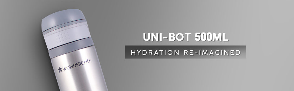 Uni-Bot, 500ml, Silver, Double Wall Stainless Steel Vacuum Insulated Hot and Cold Flask, Ultra Light, Spill and Leak Proof, 2 Years Warranty