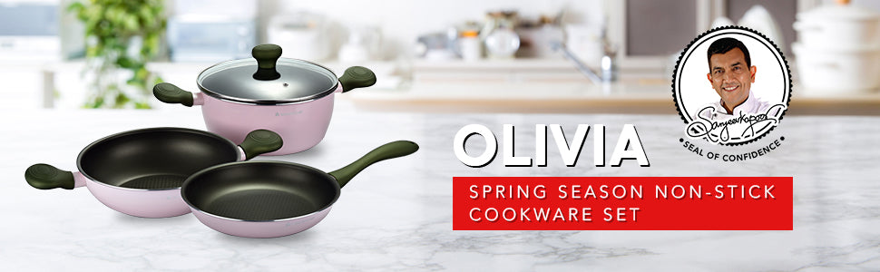 Olivia Spring Season Non-Stick Cookware Set of 3 | Kadhai with Glass Lid 24cm, Casserole with Lid 24cm & Fry Pan 24cm | Induction Bottom | Soft Touch Handles | Pure Grade Aluminium | PFOA Free | 2 Year Warranty | Pink