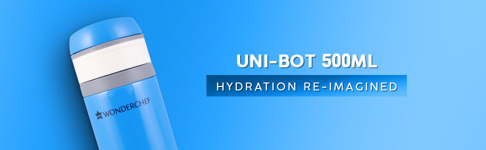 Uni-Bot, 500ml, Double Wall Stainless Steel Vacuum Insulated Hot and Cold Flask, Ultra Light, Spill and Leak Proof, 2 Years Warranty, Blue