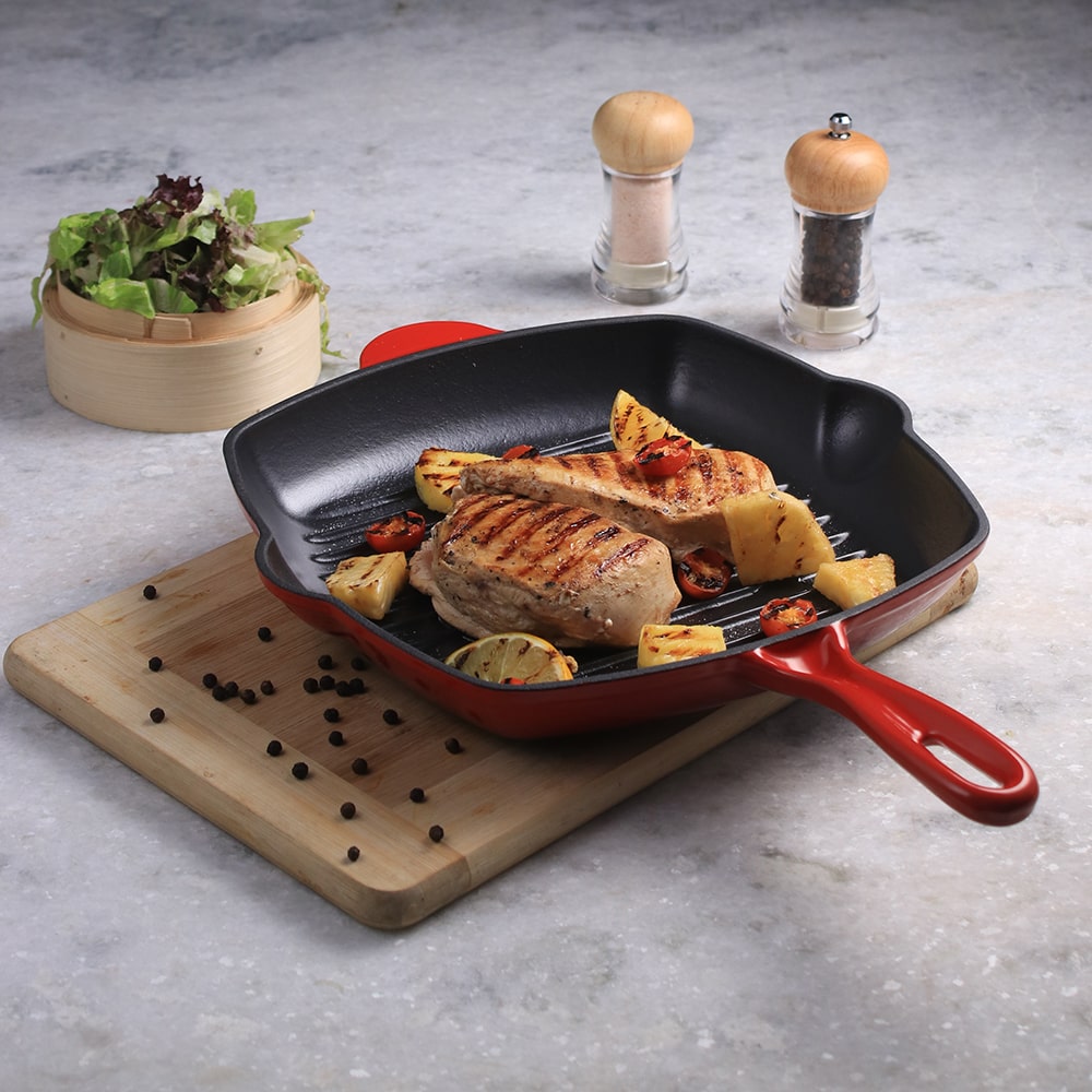 Ferro Cast-iron 26 cm Grill Pan, Induction Friendly, Enamel Coating, 2.3 L, 5 Years Warranty, Red