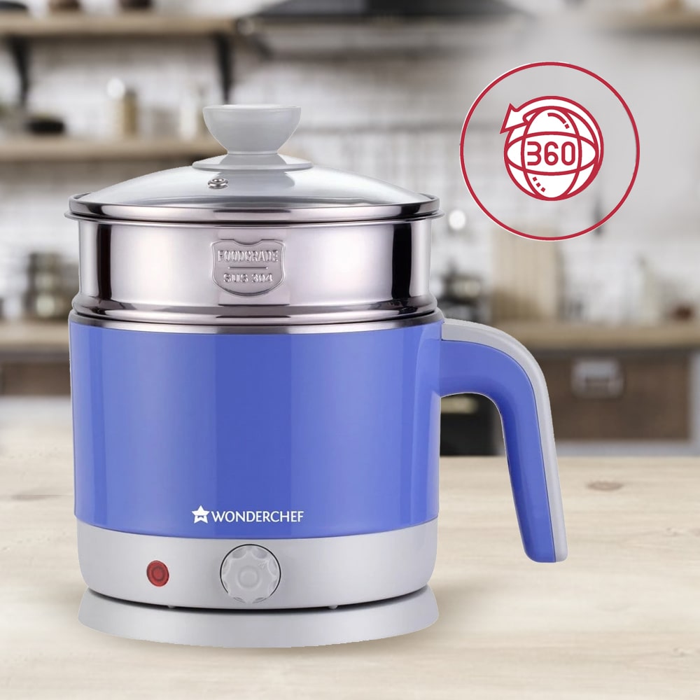 LUXE Multicook Stainless Steel Electric Kettle, 1.2 Litres, Stainless Steel Interior, Cool-Touch Plastic Exterior, 1000W, 2 Years Warranty, Blue
