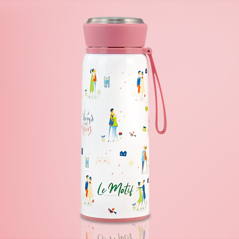 Le Motif L'amour, 420ml, Stainless Steel Double wall Water Bottle, 3D Embossed Design, Spill & Leak Proof, 2 Years Warranty