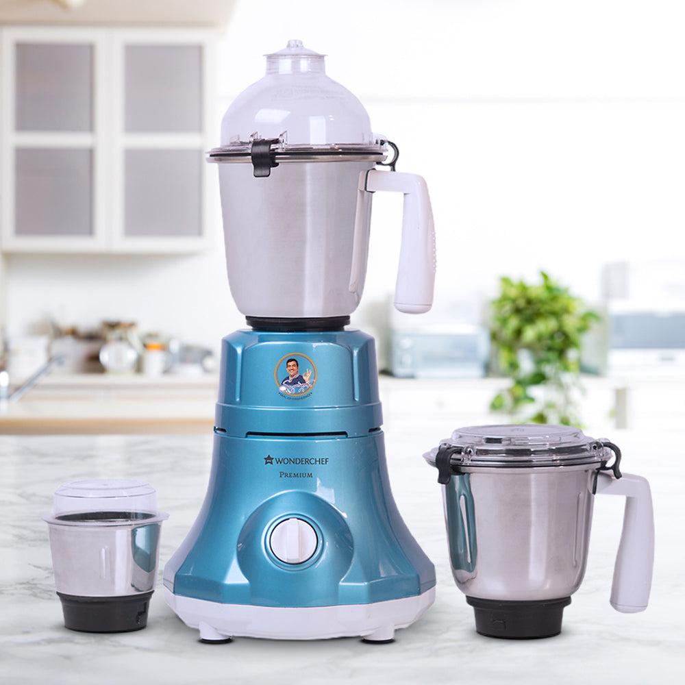 Premium Mixer Grinder, 750W With 3 Thicker Steel Jars, Die-cast Jar Base, Sharp Blade, 5 Years Warranty on Motor, Blue