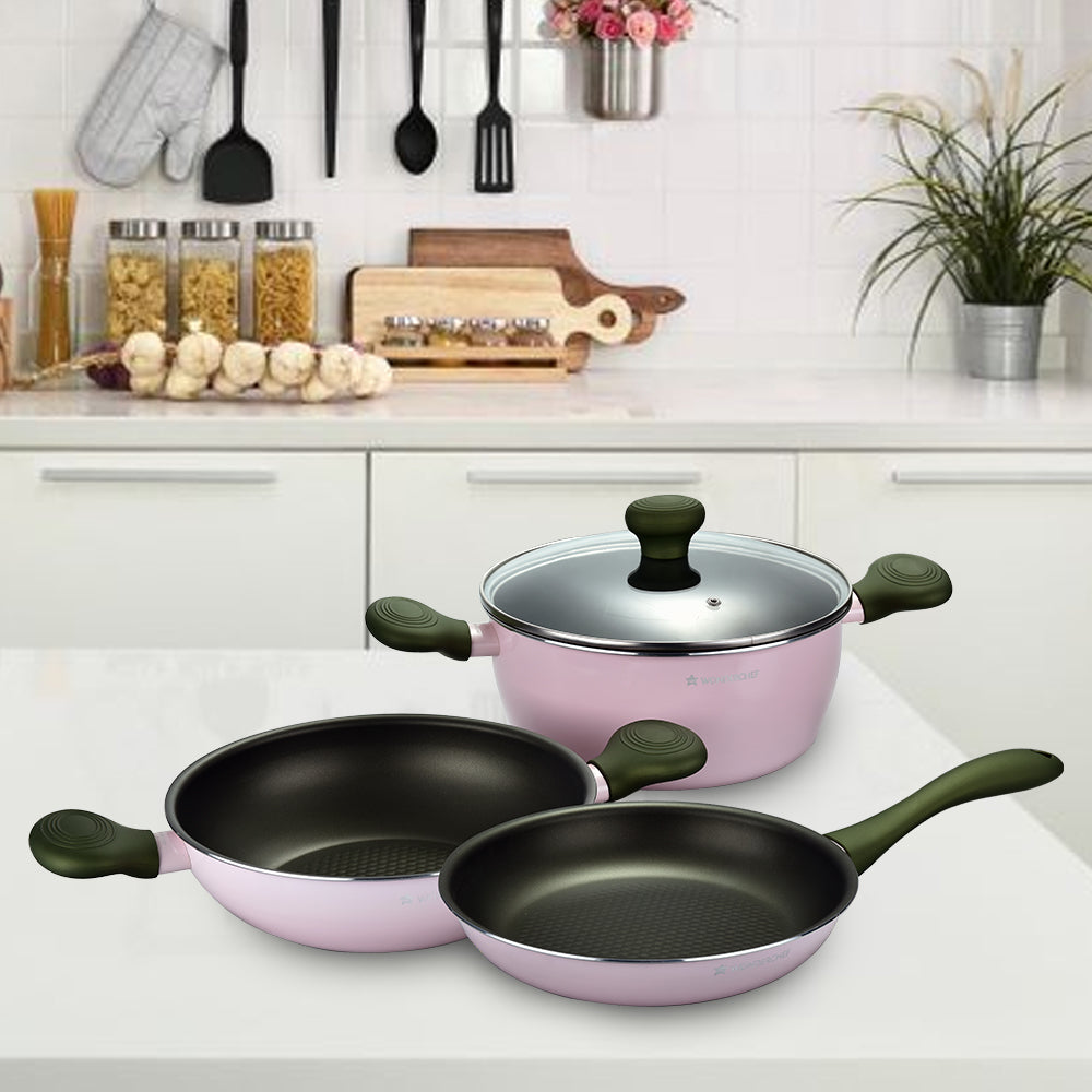 Olivia Spring Season Non-Stick Cookware Set of 3 | Kadhai with Glass Lid 24cm, Casserole with Lid 24cm & Fry Pan 24cm | Induction Bottom | Soft Touch Handles | Pure Grade Aluminium | PFOA Free | 2 Year Warranty | Pink