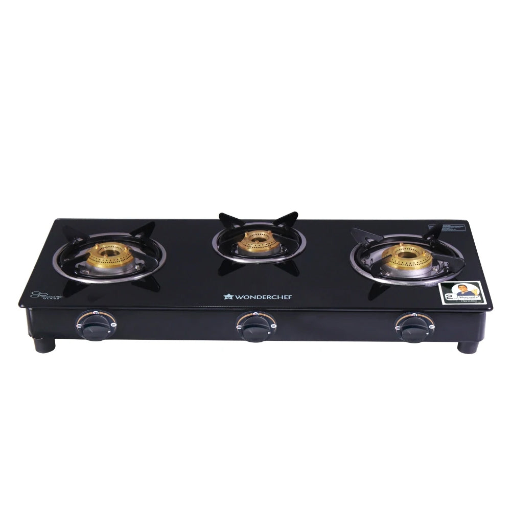 Acura 3 Burner Manual Glass Cooktop | 6mm Toughened Glass Cooktop | Stainless Steel Drip tray | Anti-Skid Legs | Large Pan support | Manual Ignition | Black steel frame | 2 Year Warranty | Black