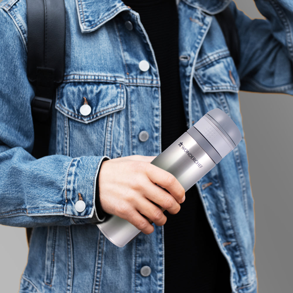 Uni-Bot, 500ml, Silver, Double Wall Stainless Steel Vacuum Insulated Hot and Cold Flask, Ultra Light, Spill and Leak Proof, 2 Years Warranty